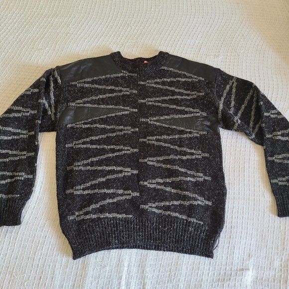 Vintage 80s Black and Grey Wool Blend Sweater with Leather Accents, Size M - Picture 1 of 5